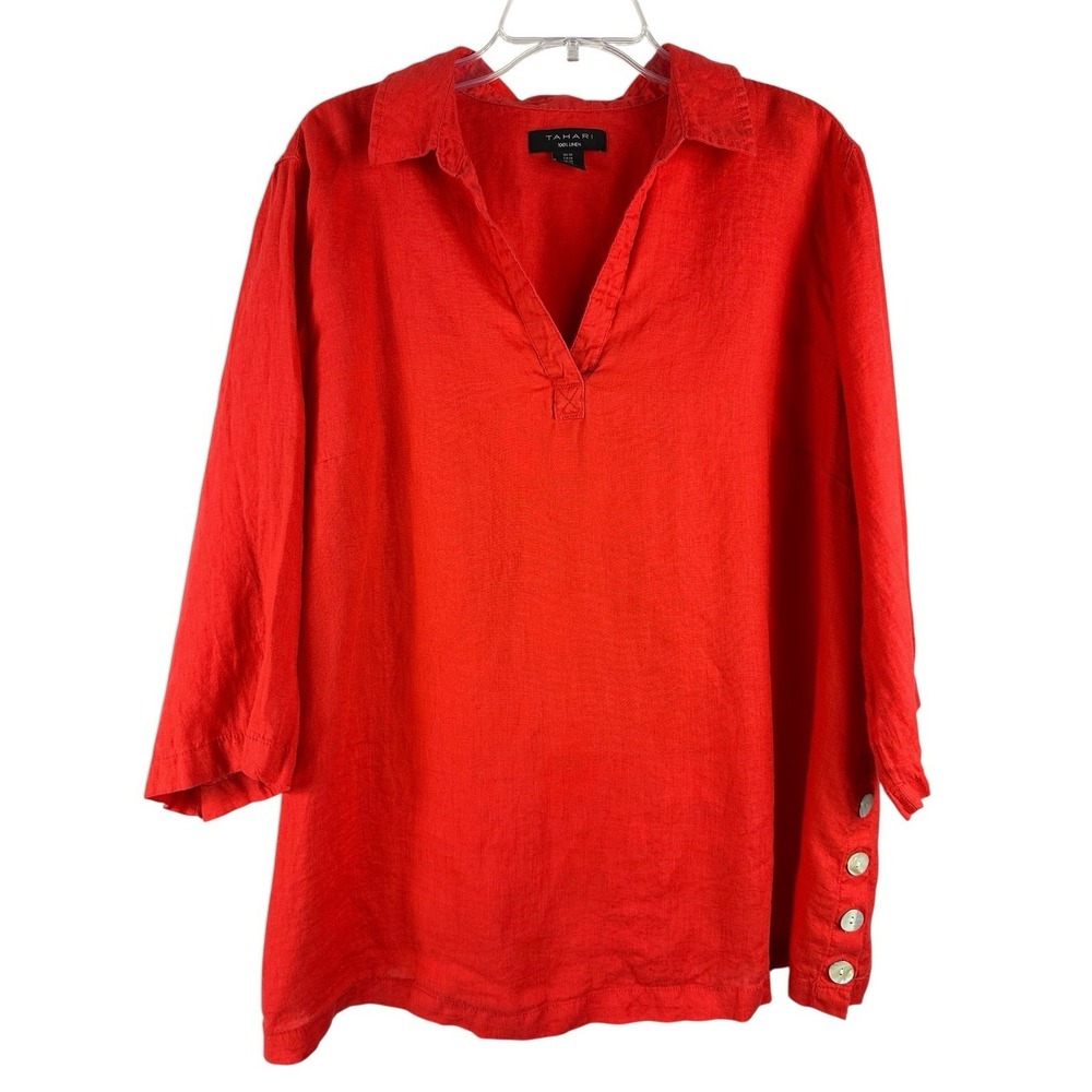 Tahari Top Womens 1X Coral Linen Popover Tunic Top Buttons on Sides Coastal Boho